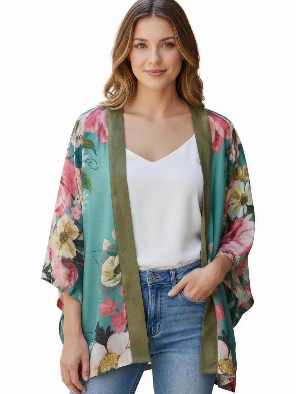 Impressionist Floral Kimono Cardigan in Teal and Pink